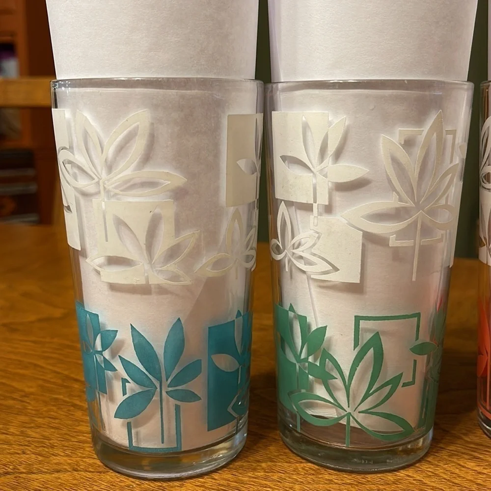 Vintage MCM Highball Tiki Juice Glass Set Peanut Butter Tiki Floral Barware Set
